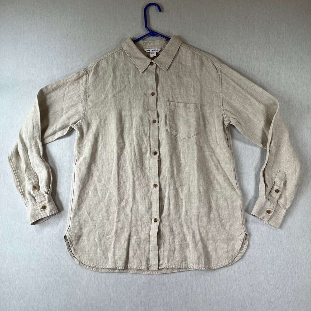 Athleta Linen Shirt Womens Medium Oatmeal Beige 100% Linen Button Down